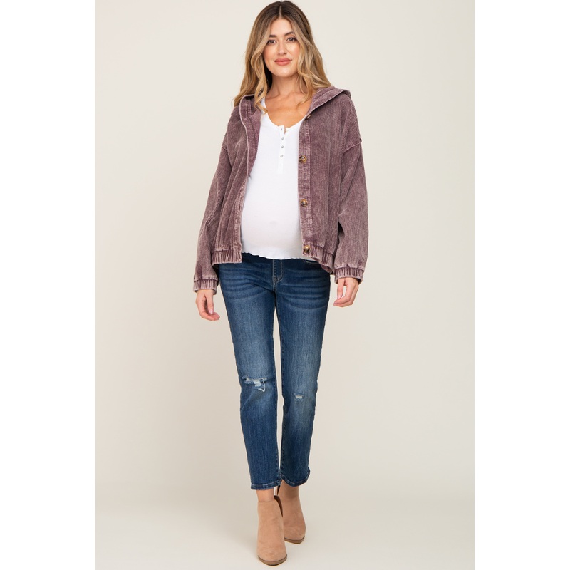 Plum Corduroy Maternity Hooded Jacket