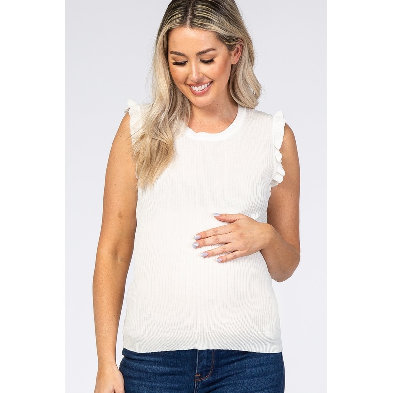 White Knit Ruffle Accent Maternity Tank Top