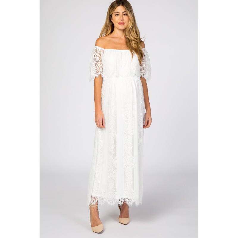 White Lace Off Shoulder Maternity Maxi Dress