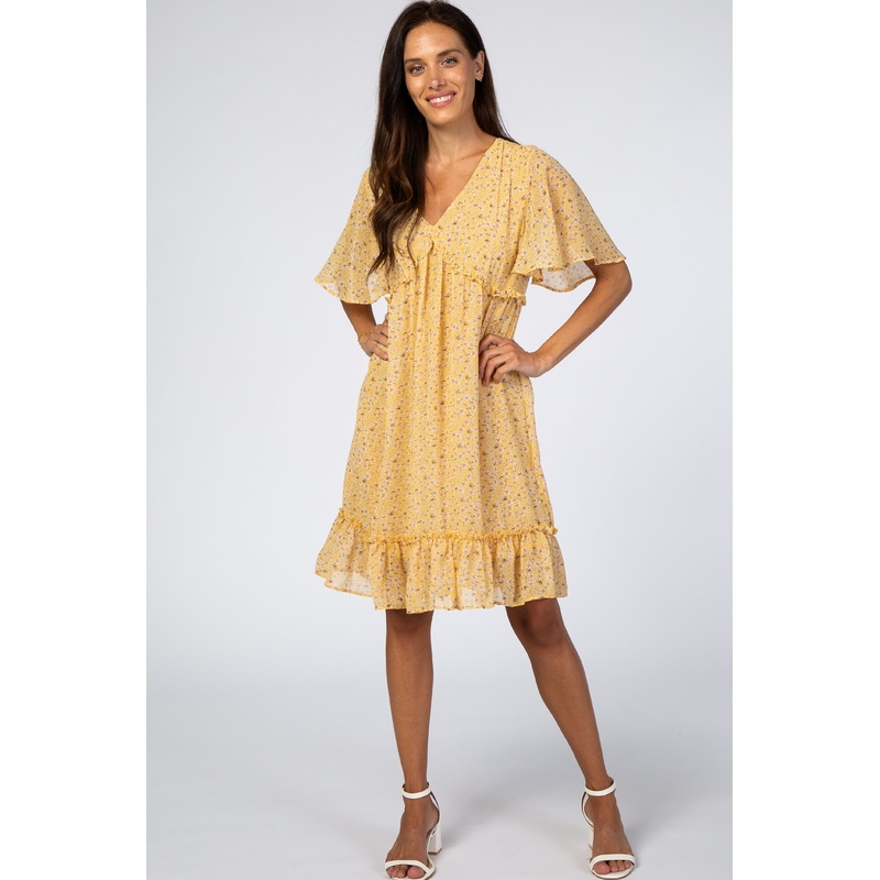 Yellow Floral Chiffon Ruffle Dress
