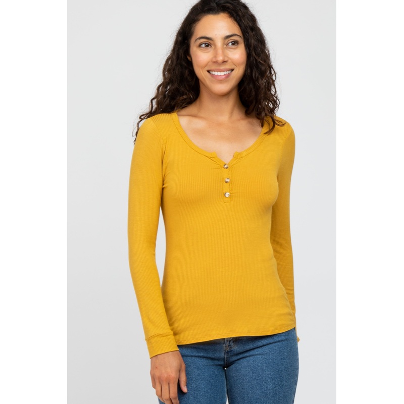 Yellow Ribbed Button Front Top