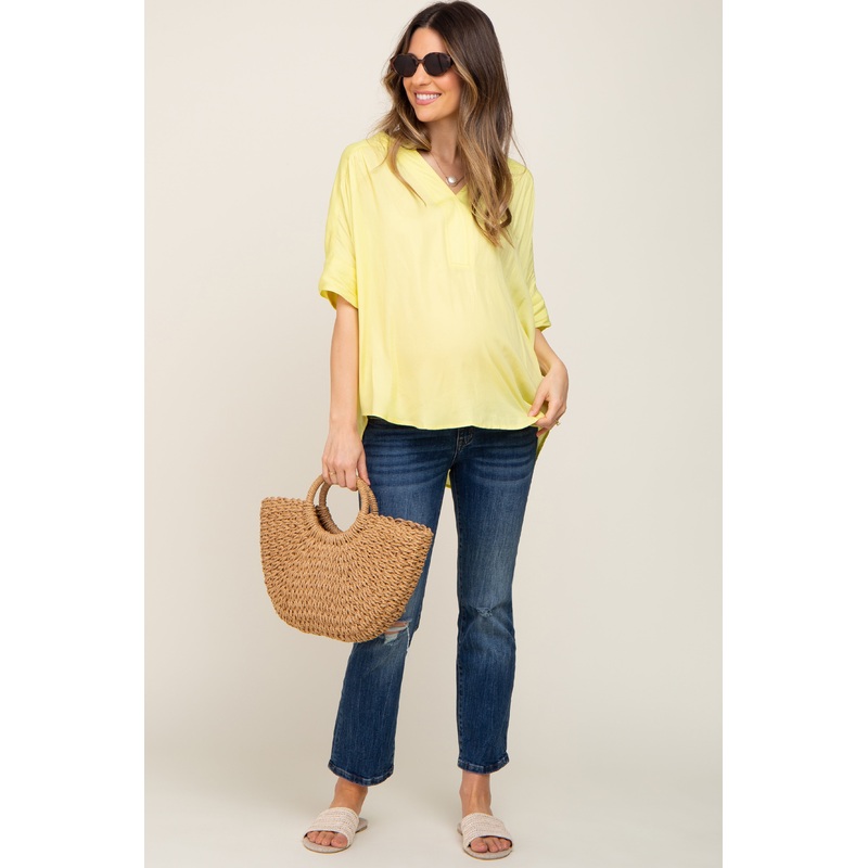 Yellow Solid Short Sleeve Dolman Maternity Top