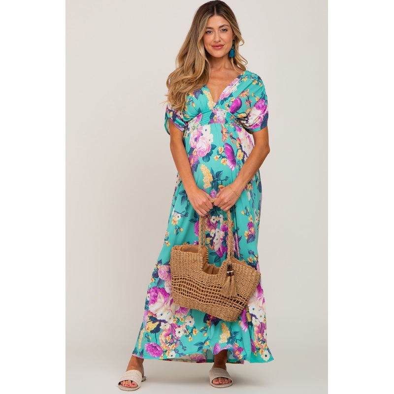 Aqua Floral Deep V-Neck Maternity Maxi Dress