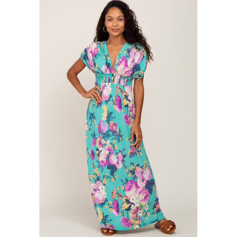 Aqua Floral Deep V-Neck Maxi Dress