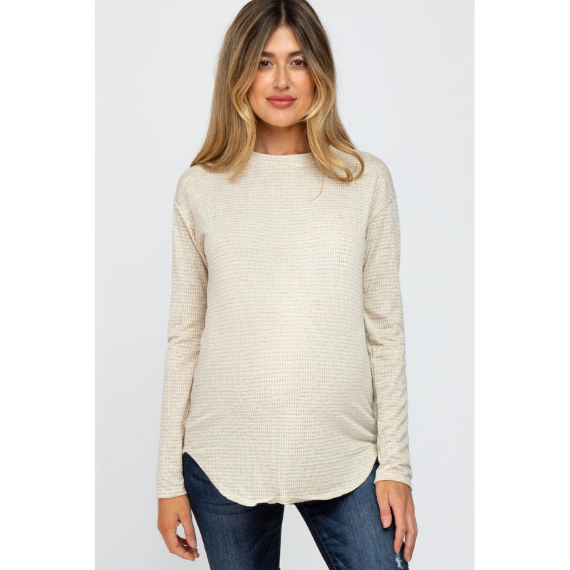 Beige Plaid Print Long Sleeve Maternity Top