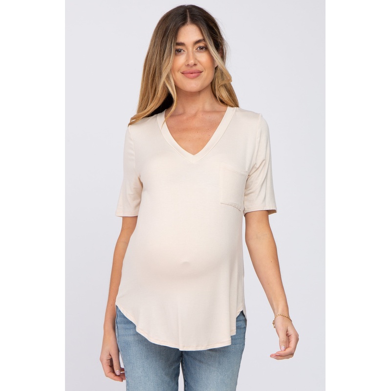 Beige Pocket Front Curved Hem Maternity Top