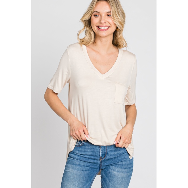 Beige Pocket Front Curved Hem Top