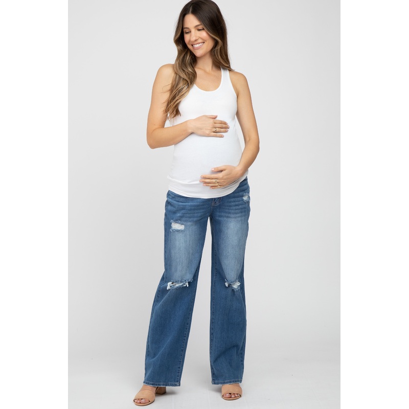 Blue Distressed Maternity Wide Leg Jeans