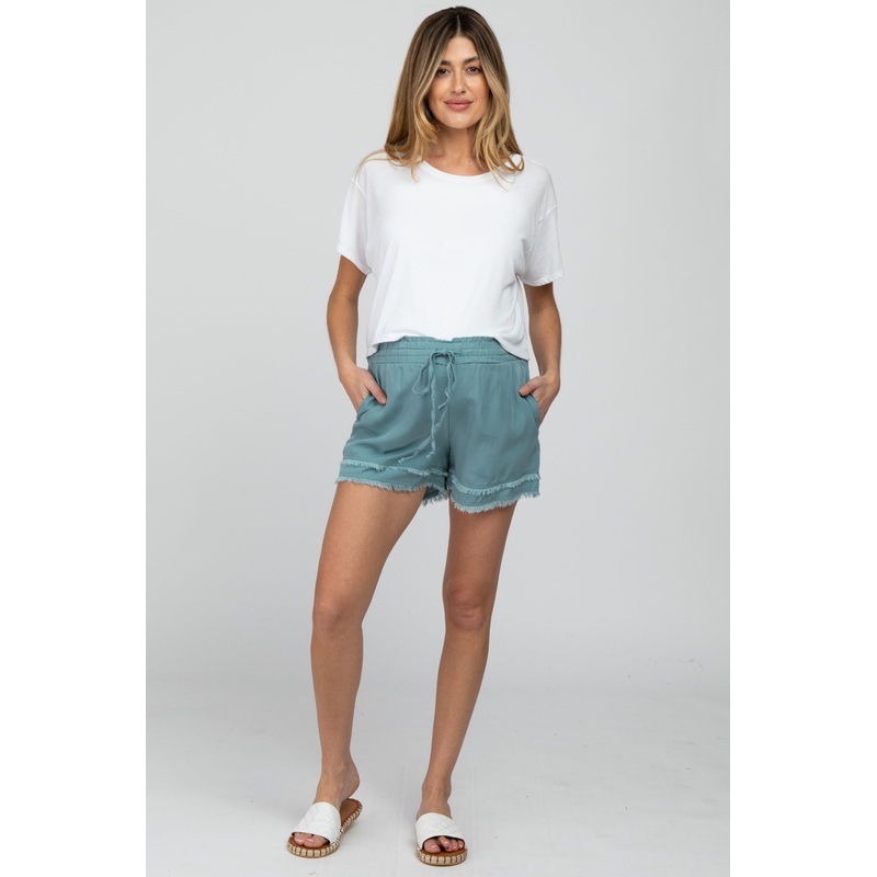 Blue Green Frayed Front Tie Maternity Shorts