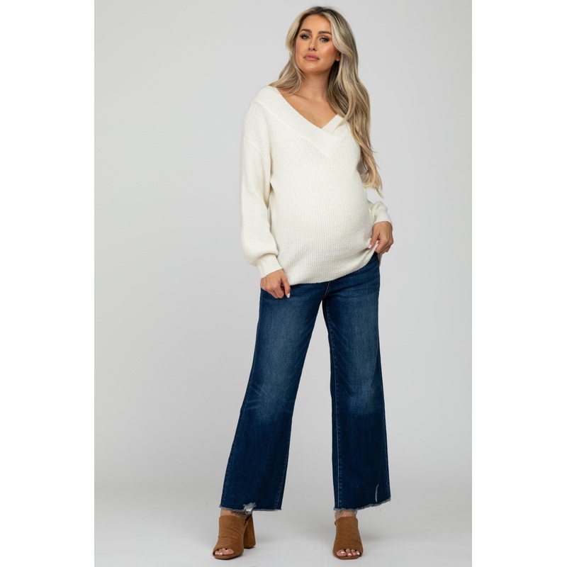 Navy Blue Distressed Wide Leg Maternity Jeans
