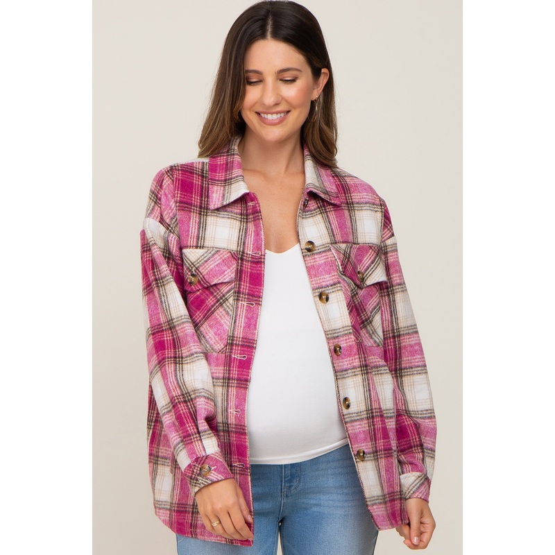 Pink Plaid Maternity Shirt Jacket