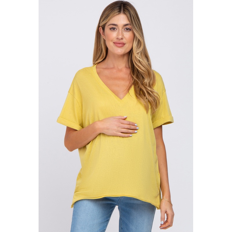 Yellow Basic Rolled Short Sleeve Maternity Top