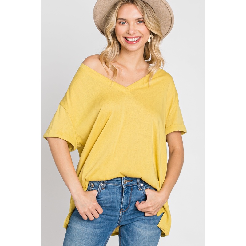 Yellow Basic Rolled Short Sleeve Top