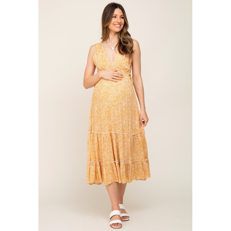 Yellow Deep V Lace-Up Side Tiered Maternity Midi Dress