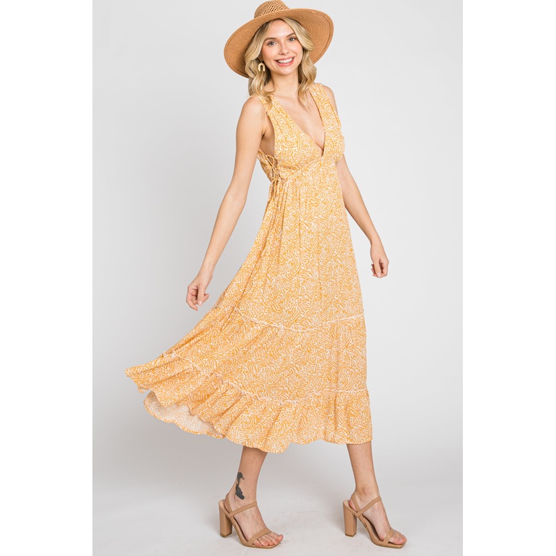 Yellow Deep V Lace-Up Side Tiered Midi Dress