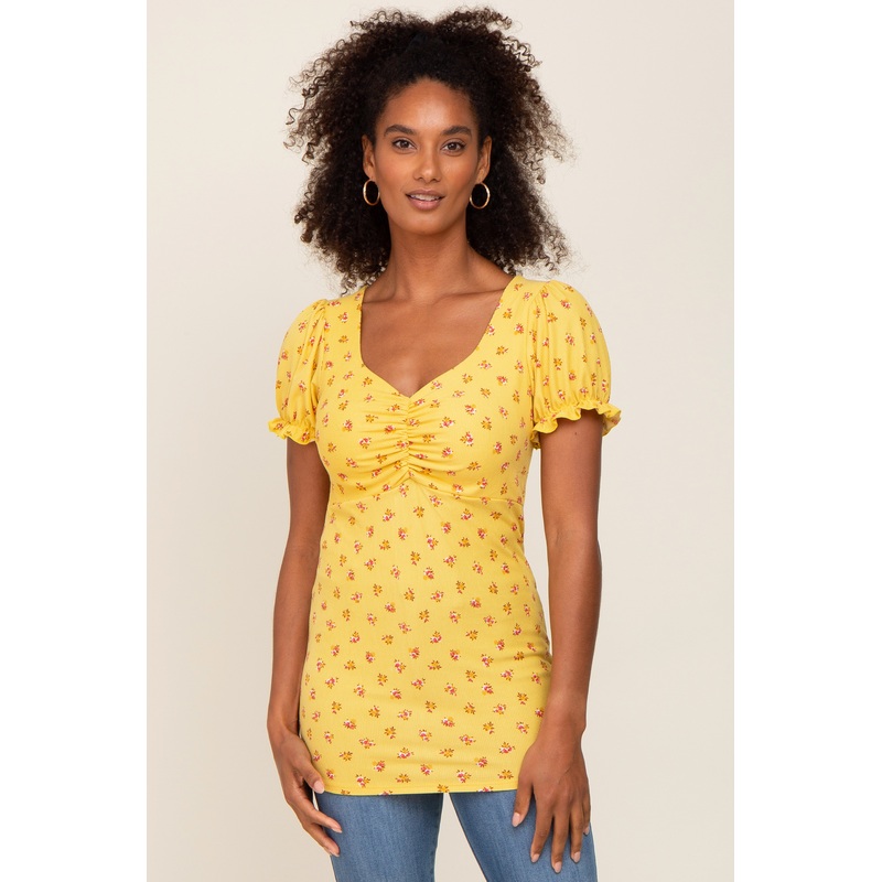Yellow Floral Sweetheart Puff Sleeve Top
