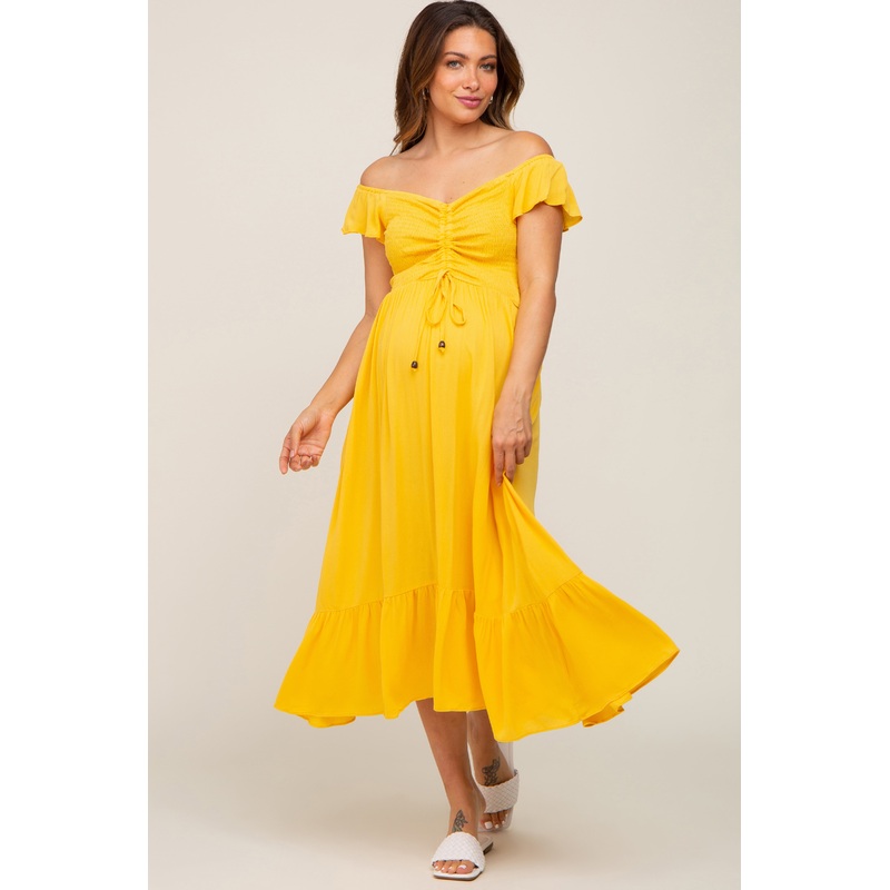 Yellow Smocked Ruched Ruffle Hem Maternity Maxi Dress
