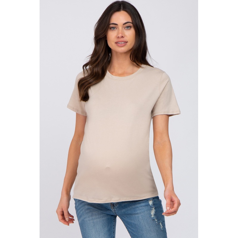Beige Basic Short Sleeve Maternity Top