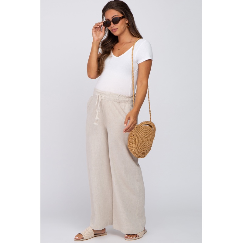 Beige Linen Smocked Waist Maternity Pants