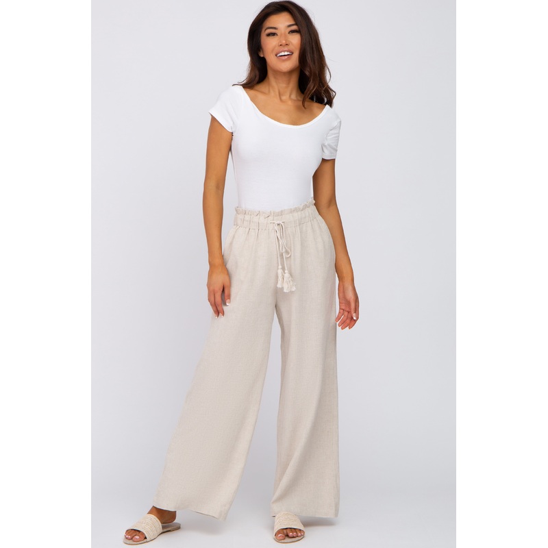 Beige Linen Smocked Waist Pants
