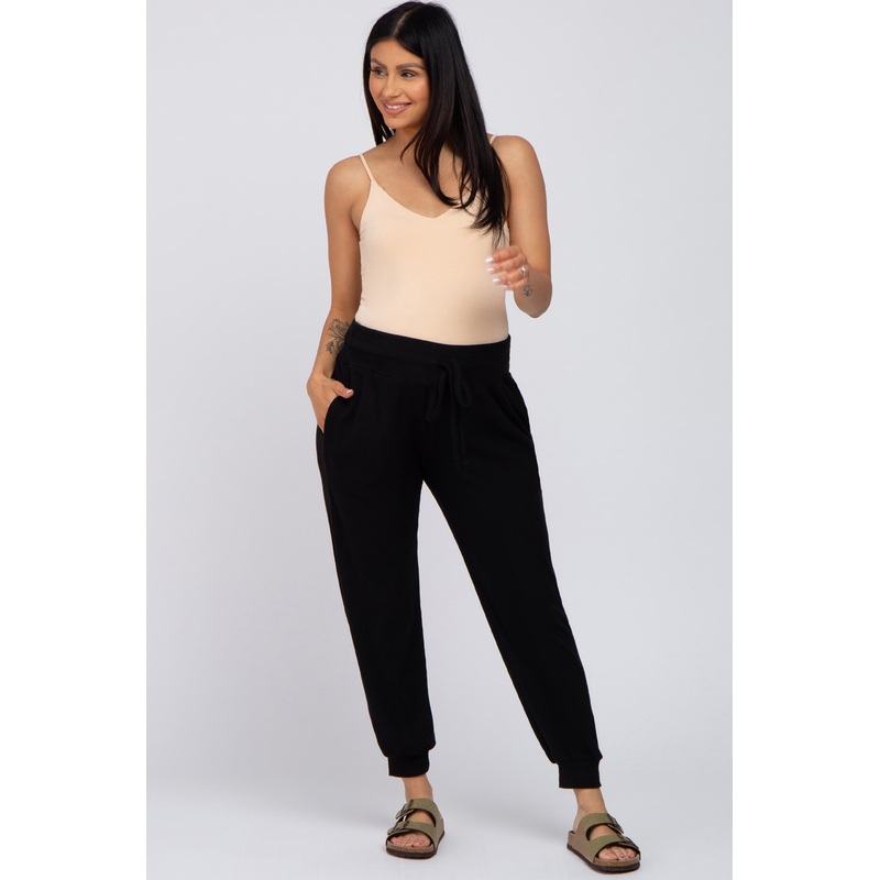 Black Brushed Ribbed High Waisted Drawstring Maternity Joggers
