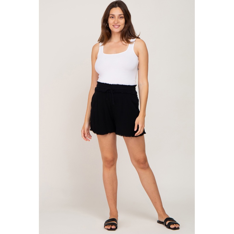 Black Soft Linen Frayed Drawstring Maternity Shorts