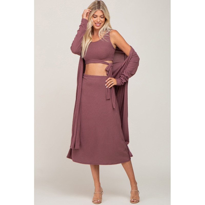 Mauve 3-Piece Skirt and Cardigan Set