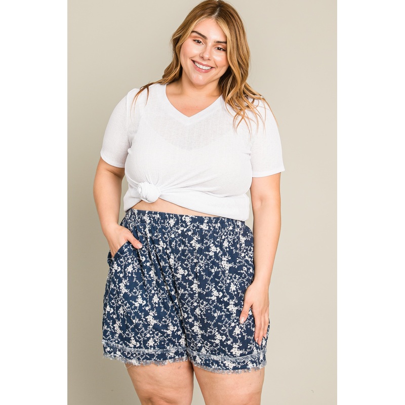 Navy Floral Raw Hem Plus Shorts