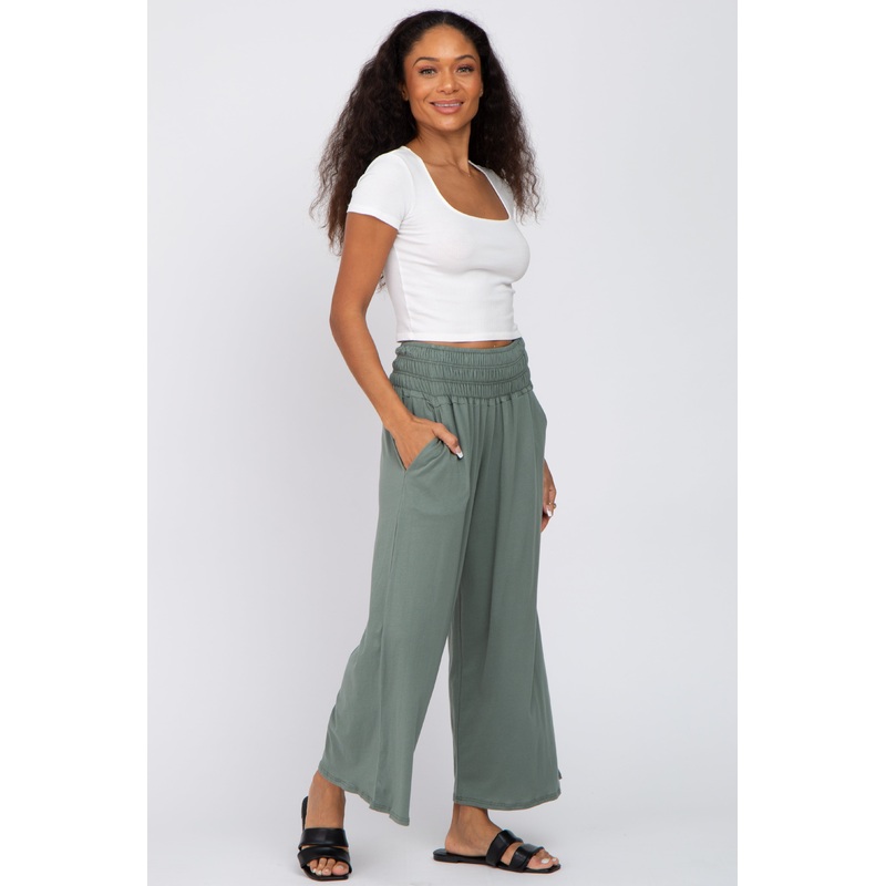Sage Smocked Waist Cropped Pant