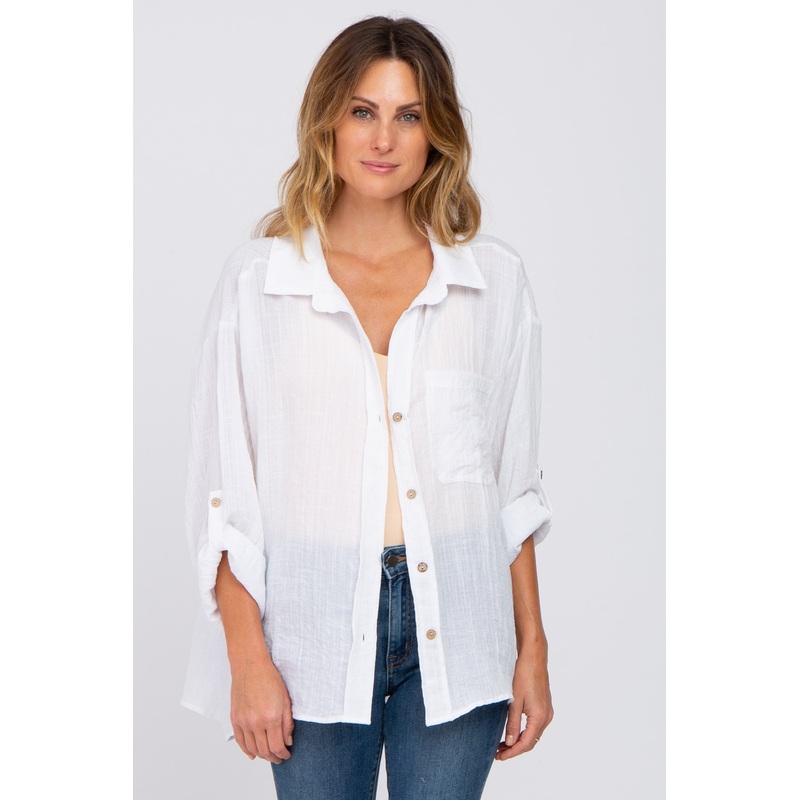 White Rolled Cuff Button Down Blouse