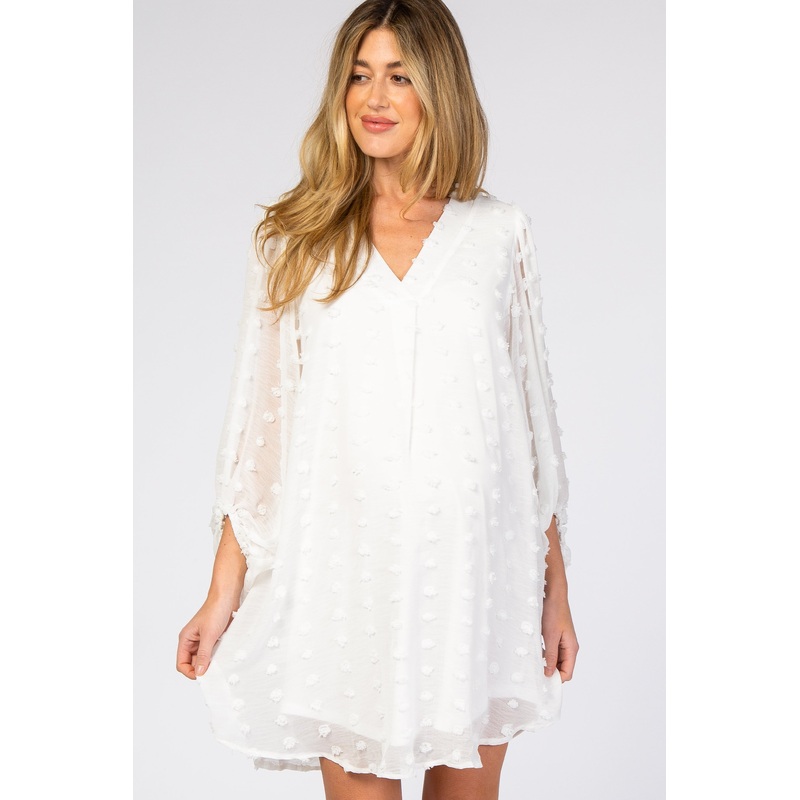 White Swiss Dot Bubble Sleeve Maternity Dress