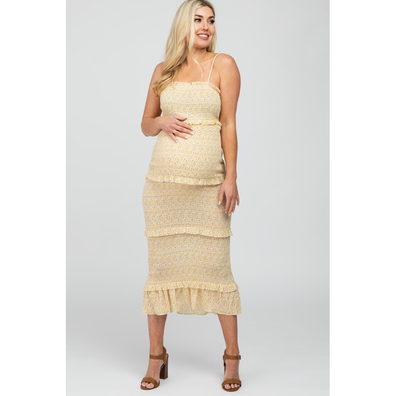 Yellow Floral Print Smocked Maternity Maxi Dress