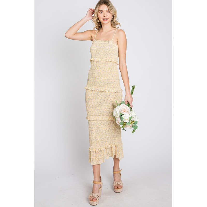 Yellow Floral Print Smocked Maxi Dress