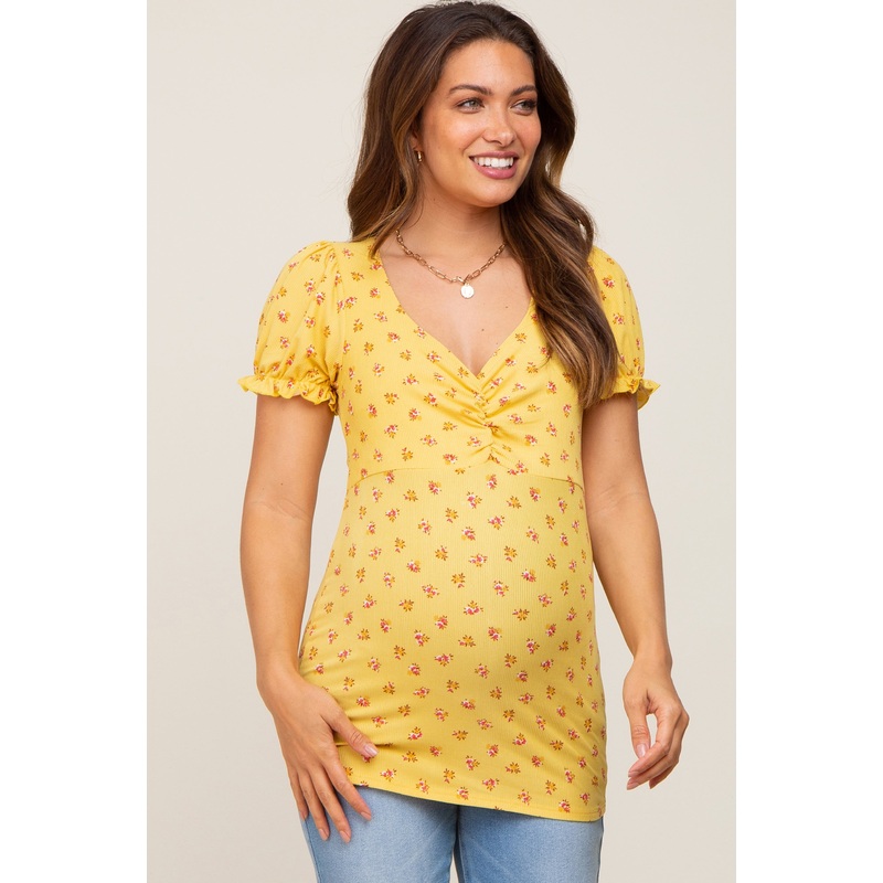 Yellow Floral Sweetheart Puff Sleeve Maternity Top
