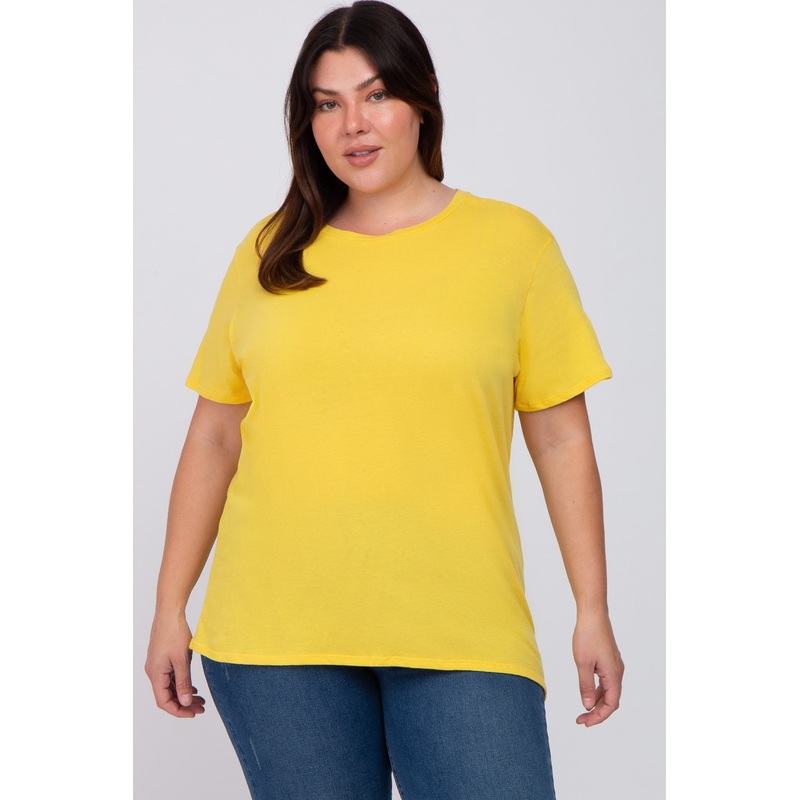 Yellow Solid Short Sleeve Plus Top