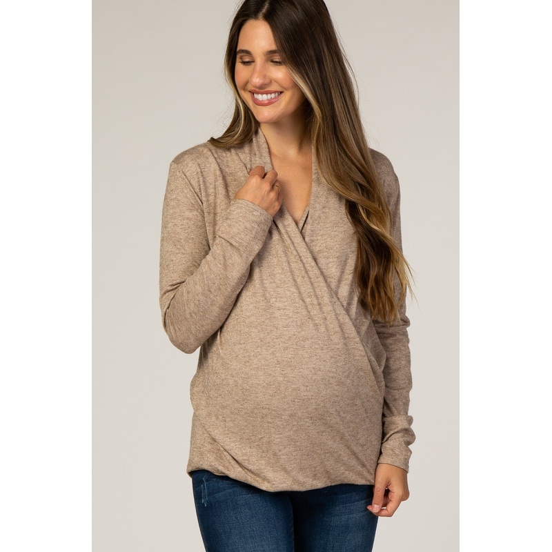 Beige Draped Wrap Maternity/Nursing Top
