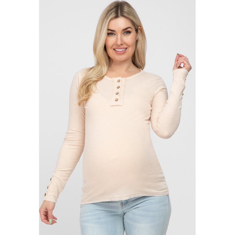 Beige Henley Long Sleeve Maternity Top