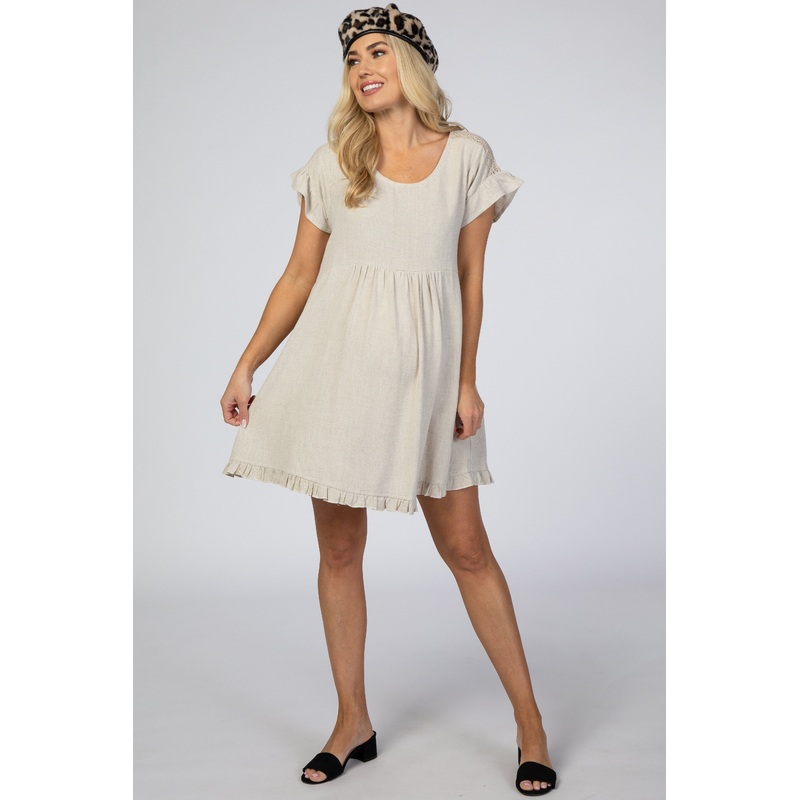 Beige Linen Crochet Shoulder Ruffle Trim Maternity Dress