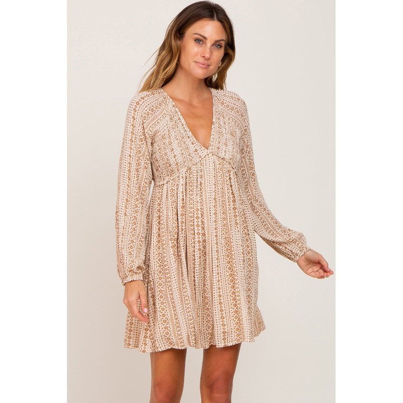 Beige Printed V-Neck Long Sleeve Dress