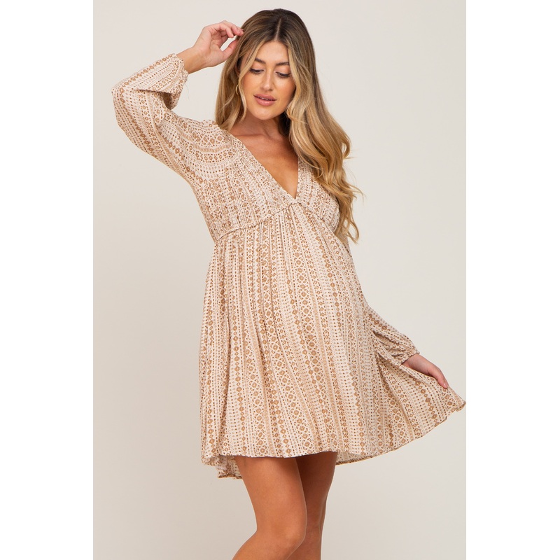 Beige Printed V-Neck Long Sleeve Maternity Dress