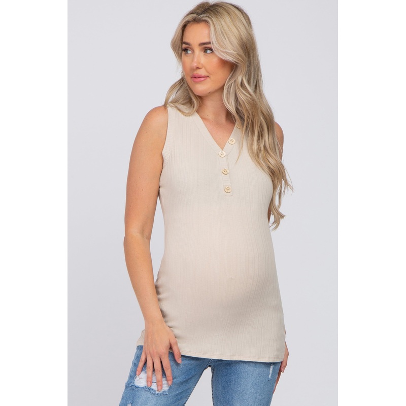 Beige Ribbed Button Accent Maternity Tank