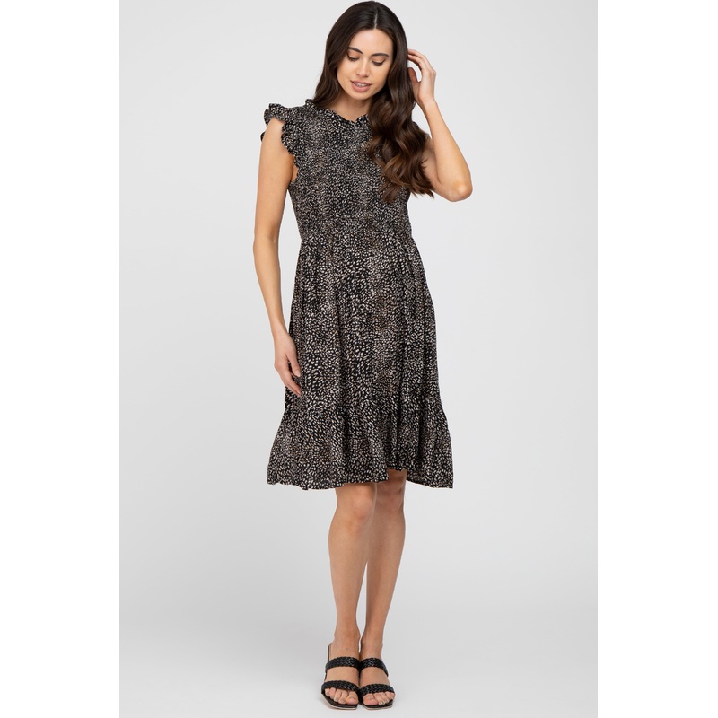 Black Animal Print Sleeveless Smocked Maternity Dress