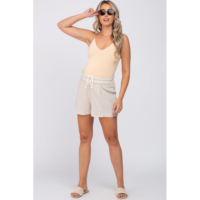 Cream Drawstring Linen Maternity Shorts