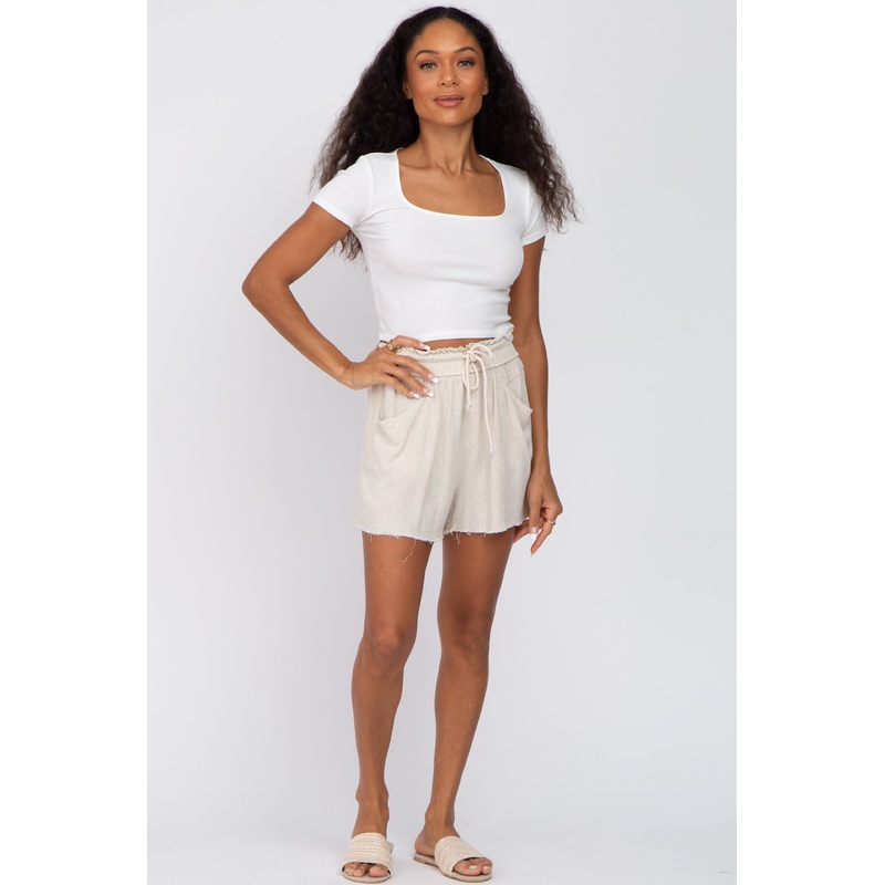 Cream Drawstring Linen Shorts