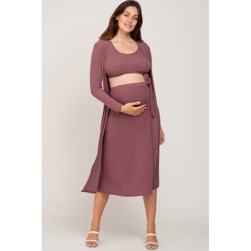 Mauve 3-Piece Skirt and Cardigan Maternity Set