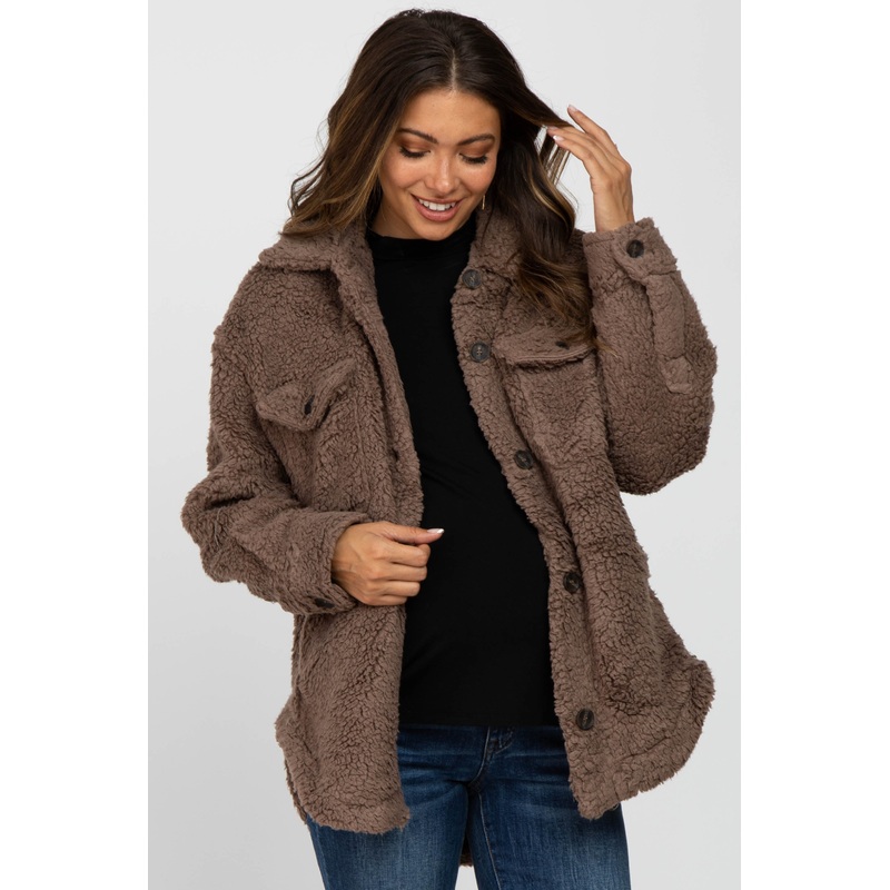Mocha Oversized Teddy Button Up Maternity Coat