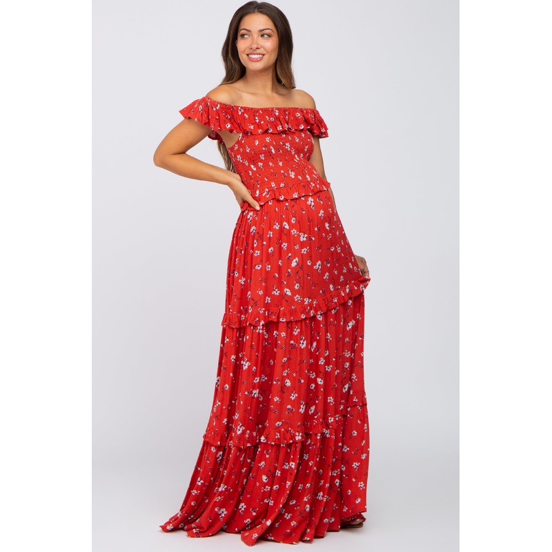 Red Floral Off Shoulder Ruffle Tiered Maternity Dress