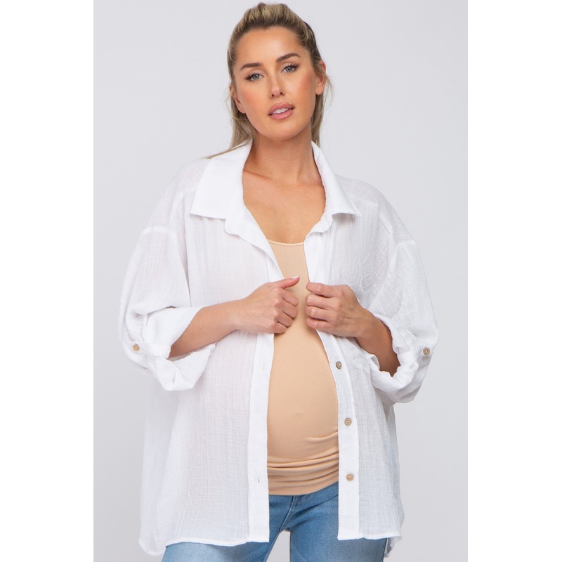 White Rolled Cuff Maternity Button Down Blouse