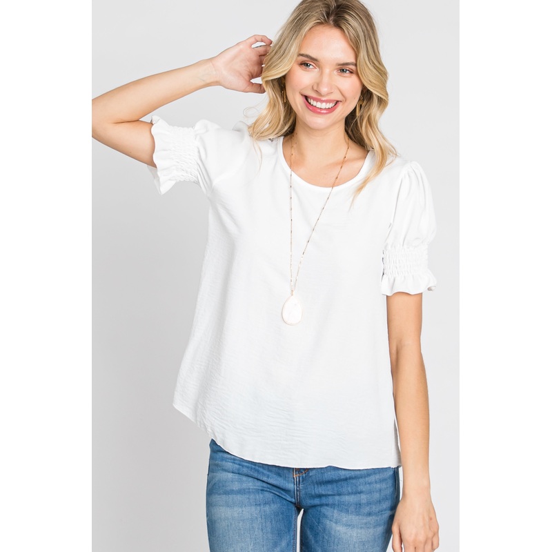 White Smocked Puff Sleeve Blouse