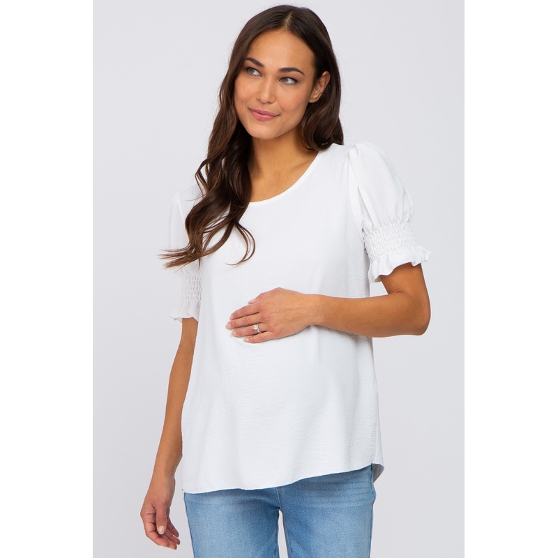 White Smocked Puff Sleeve Maternity Blouse